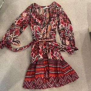 Zara XS printed belted pink red dress long sleeve